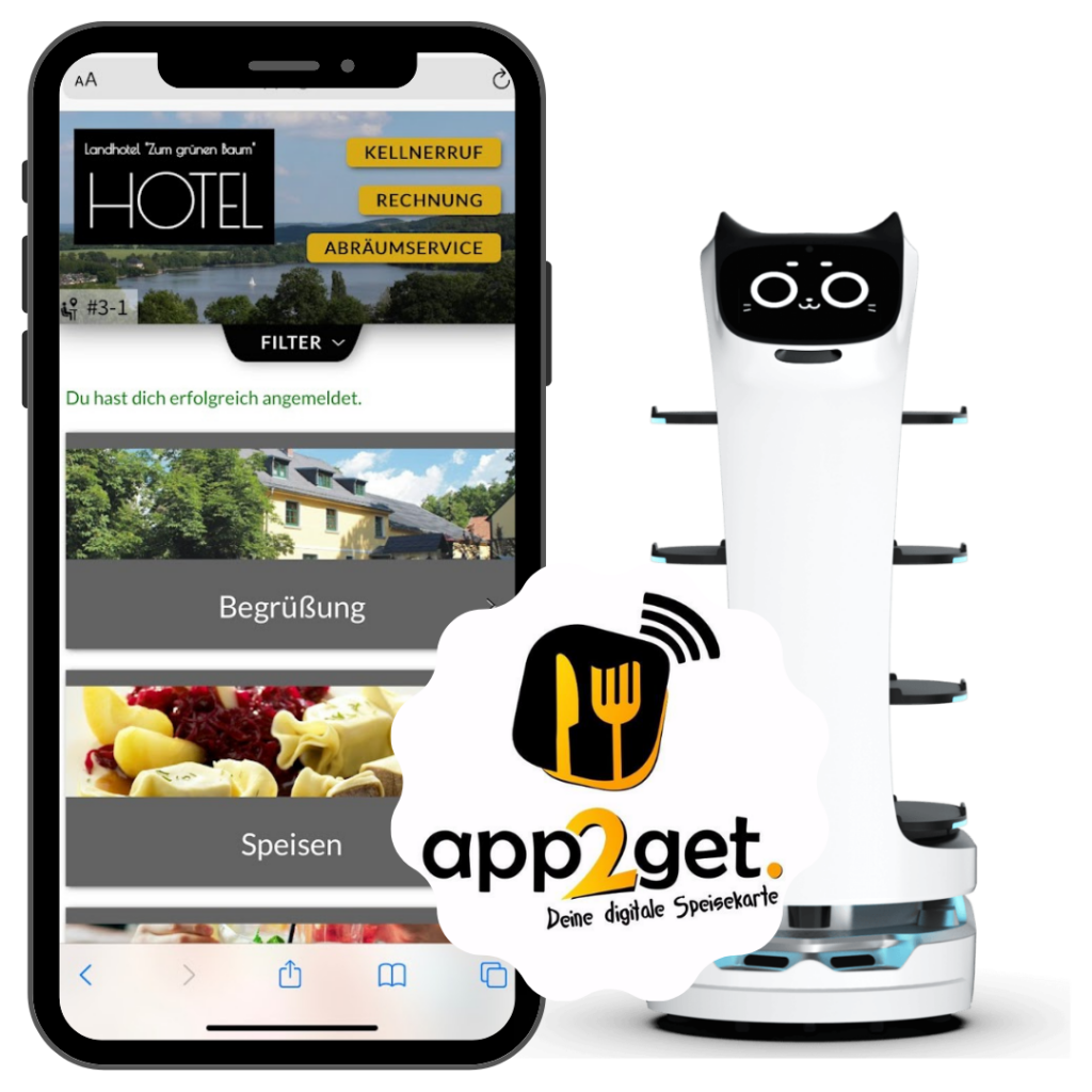 Service-Roboter in der Gastronomie. Hier beim Landhotel zum grünen Baum. Zwei BellaBot mit app2get kombiniert.